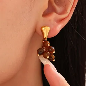 Stainless Steel Grape Cluster Beaded Stud Earrings For Women Vintage Elegant Natural Stone Tiger Eye Faux Artificial Pearl Jewelry