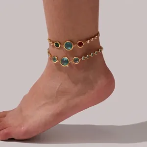 Geometric Stainless Steel Anklet Colorful Czech Glass Stone Adjustable Summer Beach Jewelry For Women