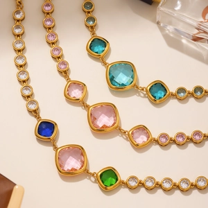 Colorful stainless steel anklet with cubic zirconia stones for summer beach wear