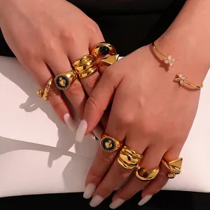 Stainless Steel Geometric Ring For Women Gold Silver Two-Tone Heart Triangle Tiger Eye Agate Stone Adjustable Fashion Ring