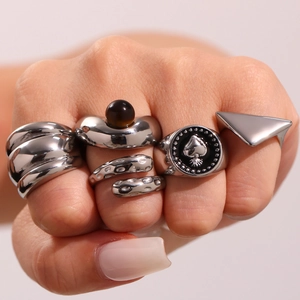 5-piece set of silver-tone stainless steel rings with punk and vintage aesthetic