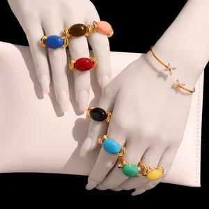 Oval Resin Ring Stainless Steel Retro Candy Color Adjustable Open Finger Jewelry Fashion Dopamine For Women
