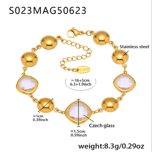 Detail view of a gold plated stainless steel bracelet with square faceted Czech glass stones