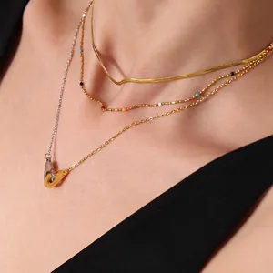 Collier Pendentif Menottes Pour Femmes Acier Inoxydable Plaqué Or 18K Bicolore Superposé Chaîne Serpent Bijoux Perles Colorées