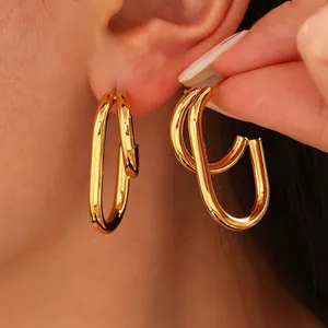 Minimalist Two Tone Stainless Steel Double Layer Hoop Earrings Interlocking Oval Geometric Jewelry For Women INS Trendy