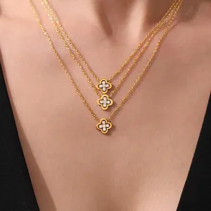 Stainless Steel Four Leaf Clover Necklace And Earrings For Women Luxury Zircon Inlaid Multi Layer Chain Gold Plated Elegant