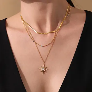 Collier Pendentif Étoile À Huit Branches Acier Inoxydable Plaqué Or 18K Zircon Multicouche Bijoux Pour Femmes