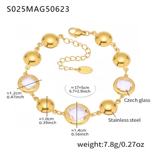 Detail of gold stainless steel anklet showing Czech glass beads and lobster clasp dimensions
