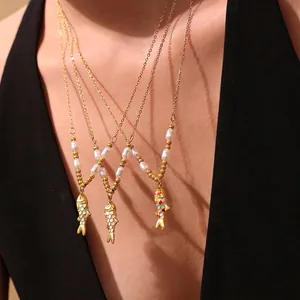Stainless Steel Enamel Koi Fish Pendant Necklace And Earrings Faux Artificial Pearl Jewelry For Women Fashion Animal Style Accessary