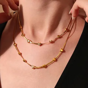 Heart Pendant Necklace Stainless Steel Zircon Snake Chain Herringbone Layered Fashion Jewelry For Women