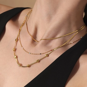Three-layer 18K gold plated stainless steel necklace with heart pendants and colorful beads