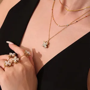 Rotating Four Petal Flower Necklace Earrings Ring 18K Gold Plated Stainless Steel Zircon Clover Elegant Fashion For Women