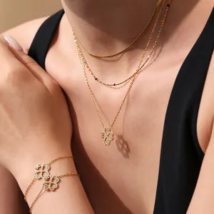 Layered Stainless Steel Jewelry For Women Four Leaf Clover Heart Zircon Paved Necklace And Bracelet Gold Plated