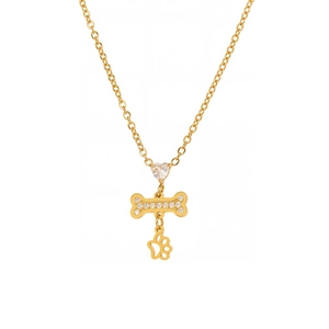 Gouden ketting met hangers van hart, bot en pootje, bezet met glanzende zirkonia