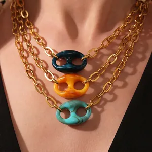Varkensneus Hanger Ketting Roestvrij Staal Verguld Hars Kleurrijk Ankerketting Retro Trendy Mode Sieraden Voor Vrouwen