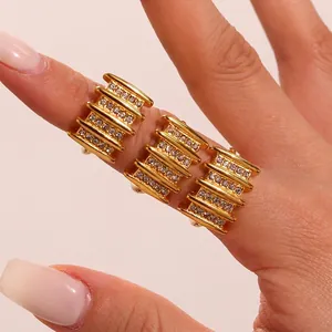 Stainless Steel Geometric Multi Row Zircon Ring Open Adjustable Fashion Jewelry For Women