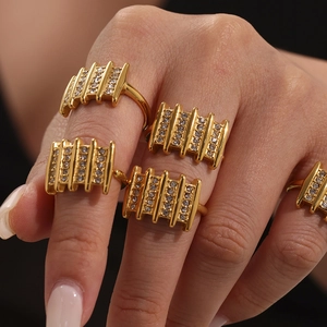Luxurious gold stainless steel multi-row open ring with sparkling Czech crystals