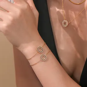 Double Ring Pendant Necklace And Bracelet Stainless Steel Zircon Gold Plated Minimalist Chic Jewelry For Women