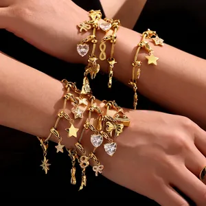 Bracelet À Breloques À La Mode En Acier Inoxydable Plaqué Or 18K Avec Pendentifs Cœur Étoile Infini Ajustable Pour Femmes