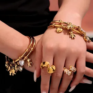 Stainless Steel Bangle Bracelet Elephant Heart Bear Charms Zircon Inlaid Polished Fashion Jewelry For Women