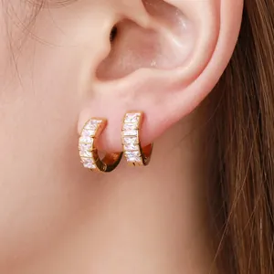 Gold Plated Stainless Steel Hoop Earrings With Square Zircon Princess Cut Minimalist Huggies For Women