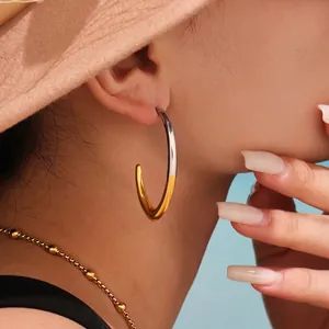Boucles D'oreilles Créoles En Forme De C En Acier Inoxydable Plaqué Or 18K Bicolore Poli Géométrique Pour Femme