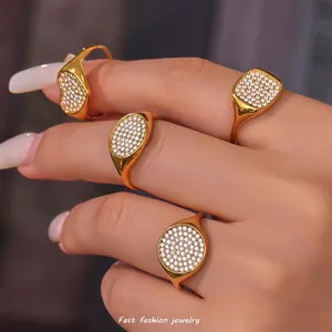 Geometrischer Pavé Zirkonia Edelstahl Ring Herz Quadrat 18K Vergoldet Verstellbar Offener Modeschmuck Für Damen