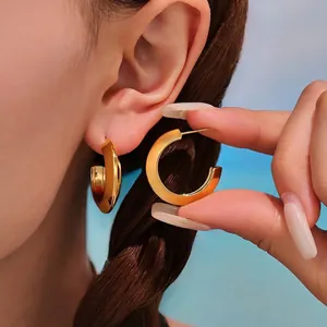 Chunky C Shaped Hoop Earrings High Polished Stainless Steel Bicolor Minimalist Trendy Jewelry For Women