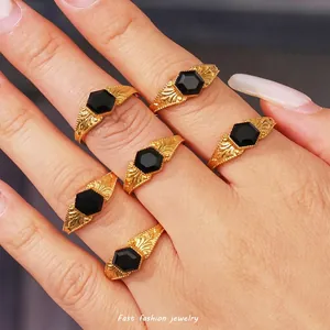 Vintage Stainless Steel Ring With Hexagonal Natural Black Stone Geometric Embossed Texture Retro Jewelry For Women