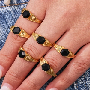 Vintage gold stainless steel rings with hexagonal black natural stone and floral engraving