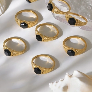 Vintage gold stainless steel rings with hexagonal black natural stone and tree relief pattern