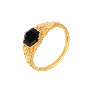 Vintage gold stainless steel ring featuring a hexagonal black stone and floral engravings
