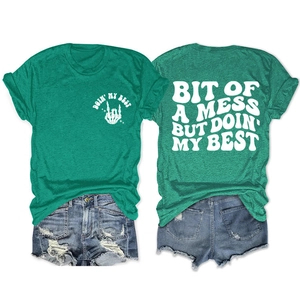 Front and back detail of green cotton T-shirt with white graphic text print