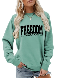 Detailed view of mint green freedom letter print sweatshirt with round neck design