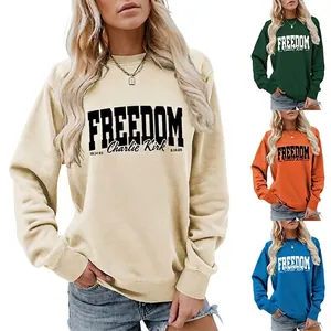 Freedom Print Crew Neck Sweatshirt Long Sleeve Cotton Blend Casual Loose Pullover Top