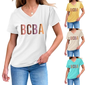 Detail view of women's V-neck t-shirt featuring leopard print BCBA lettering and color options