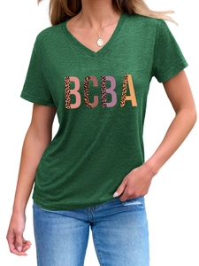 Detail of V-neck dark green T-shirt featuring leopard print BCBA lettering and soft cotton fabric