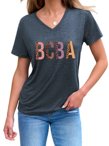 Close-up of women's V-neck T-shirt in dark grey with leopard print BCBA lettering