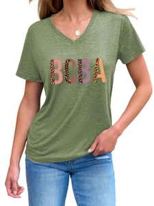 Detail of army green V-neck T-shirt showing leopard print BCBA lettering and fabric texture