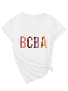 Close-up of white V-neck T-shirt featuring BCBA leopard print and side knot detail
