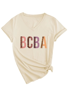 Detail of BCBA leopard print letters and side knot on beige V-neck short sleeve T-shirt