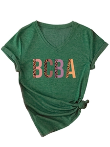 Detail of V-neck leopard print BCBA t-shirt with rolled sleeves and front knot design