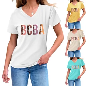 Women's Casual V-Neck Short Sleeve T-Shirt Leopard Print BCBA Letter Cotton Blend Loose Fit Top Commuting Fashion Tee