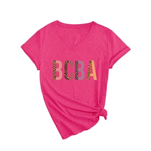 Women's rose red V-neck T-shirt with leopard print BOBA letter graphic design