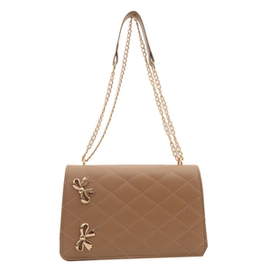 Quilted khaki chain shoulder bag with gold bow buckles and elegant leather strap detail