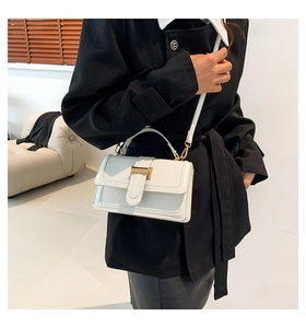 Vista dettagliata della borsa a mano bianca in pelle a coccodrillo con fibbie metalliche oro
