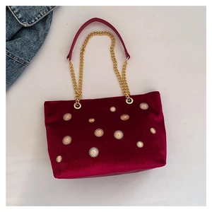 Sac Cabas en Velours pour Femmes avec Rivets Rayons de Soleil et Bandoulière Chaîne Dorée Grande Capacité Sac à Épaule
