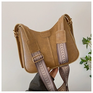 Vintage PU Leather Underarm Bag Retro Half Moon Shoulder Bag Wide Geometric Pattern Strap Crossbody Bag Fashion Handbag