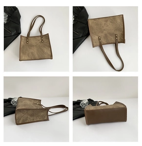 Multiple views showing textured brown leather tote bag with smooth trim and rivet detail