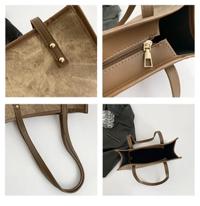 Detailed views of vintage brown canvas tote bag showing zipper, stitching and metal rivets